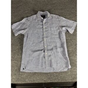 Charles Tyrwhitt Mens Blue White Gingham 100% Linen Short Sleeve Shirt Size M